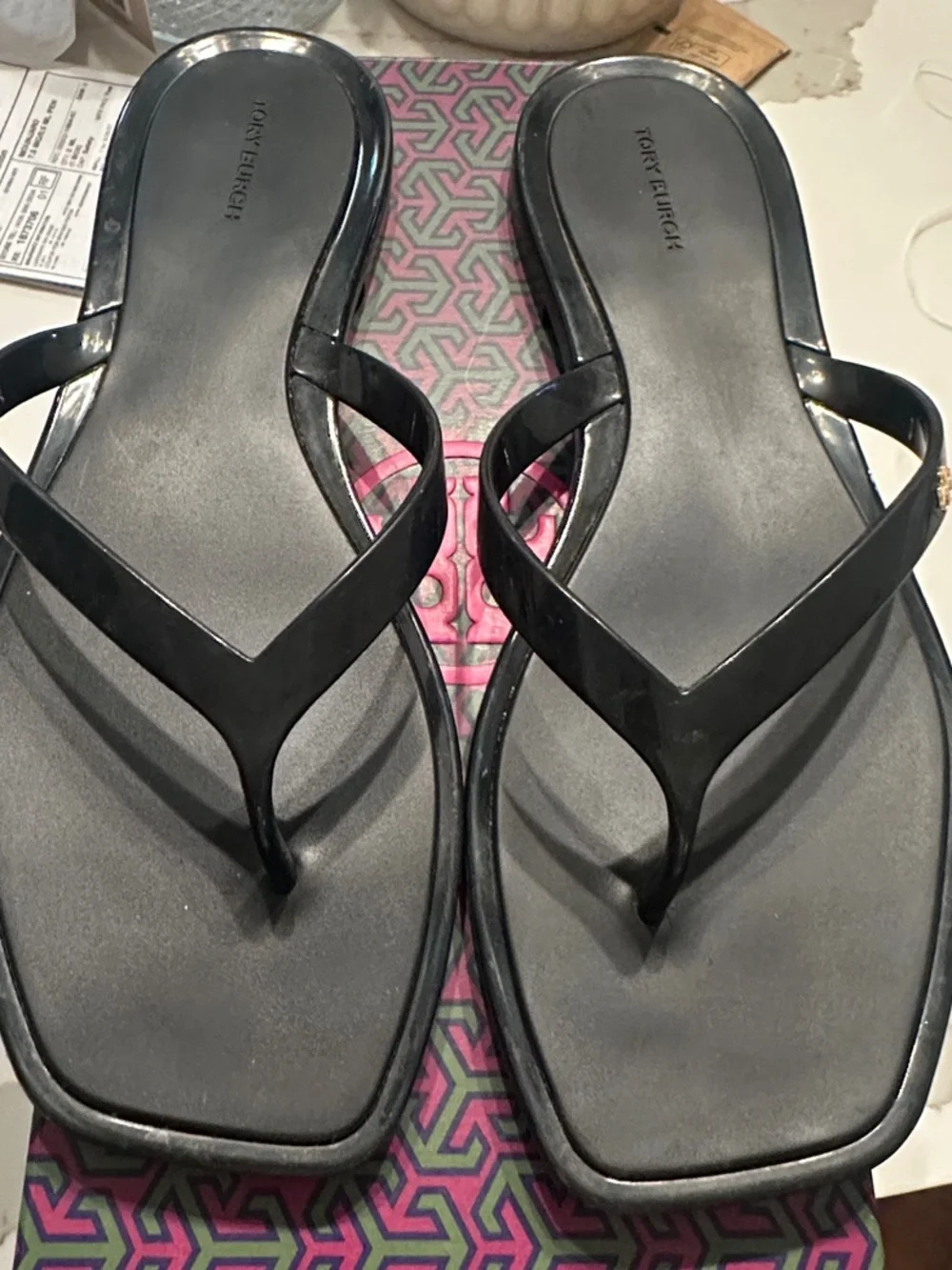 Tory Burch Black Square-Toe Jelly Thong Sandals